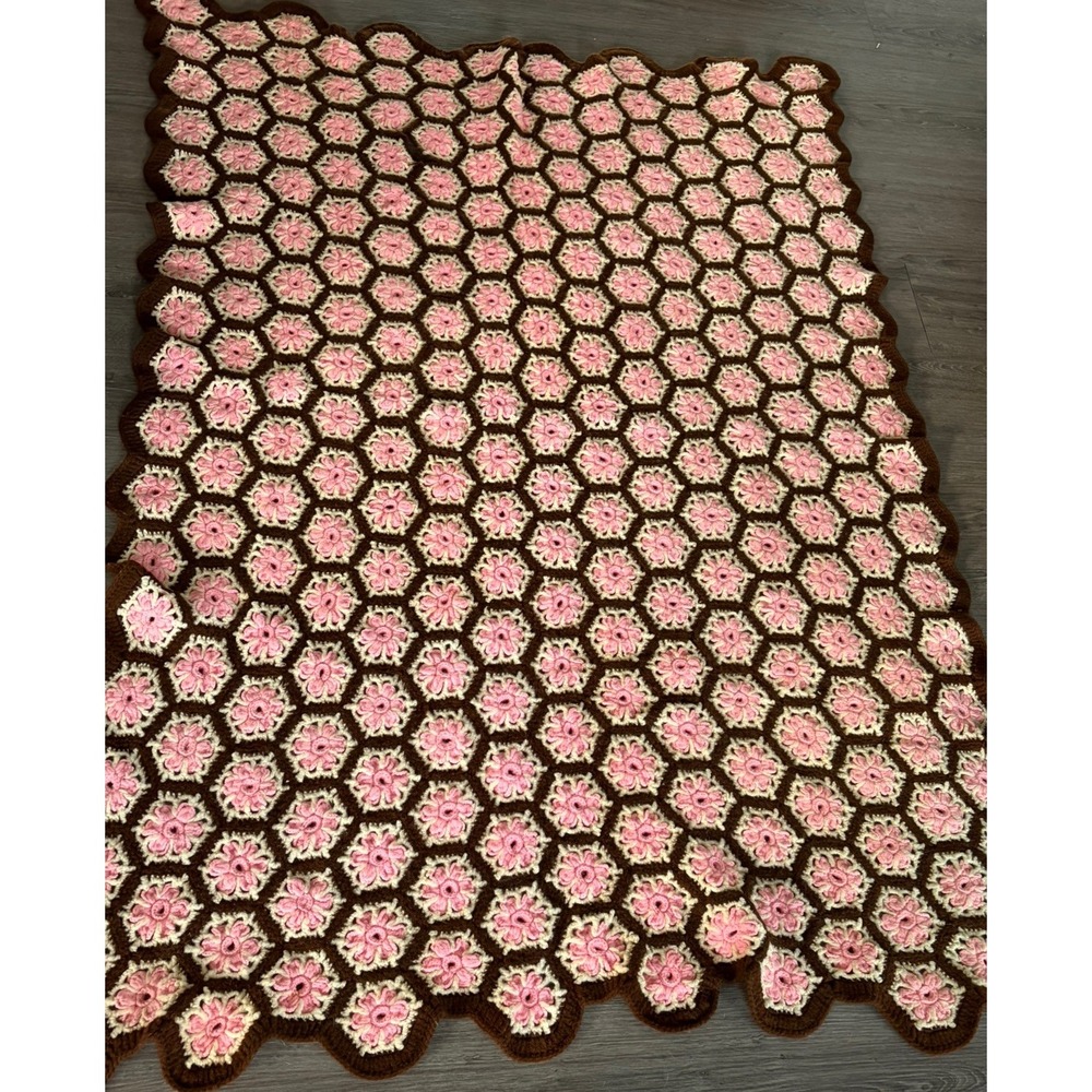 80s Vintage Pink Floral Handmade Crochet Knit Afghan Throw Blanket 49x71 Inches